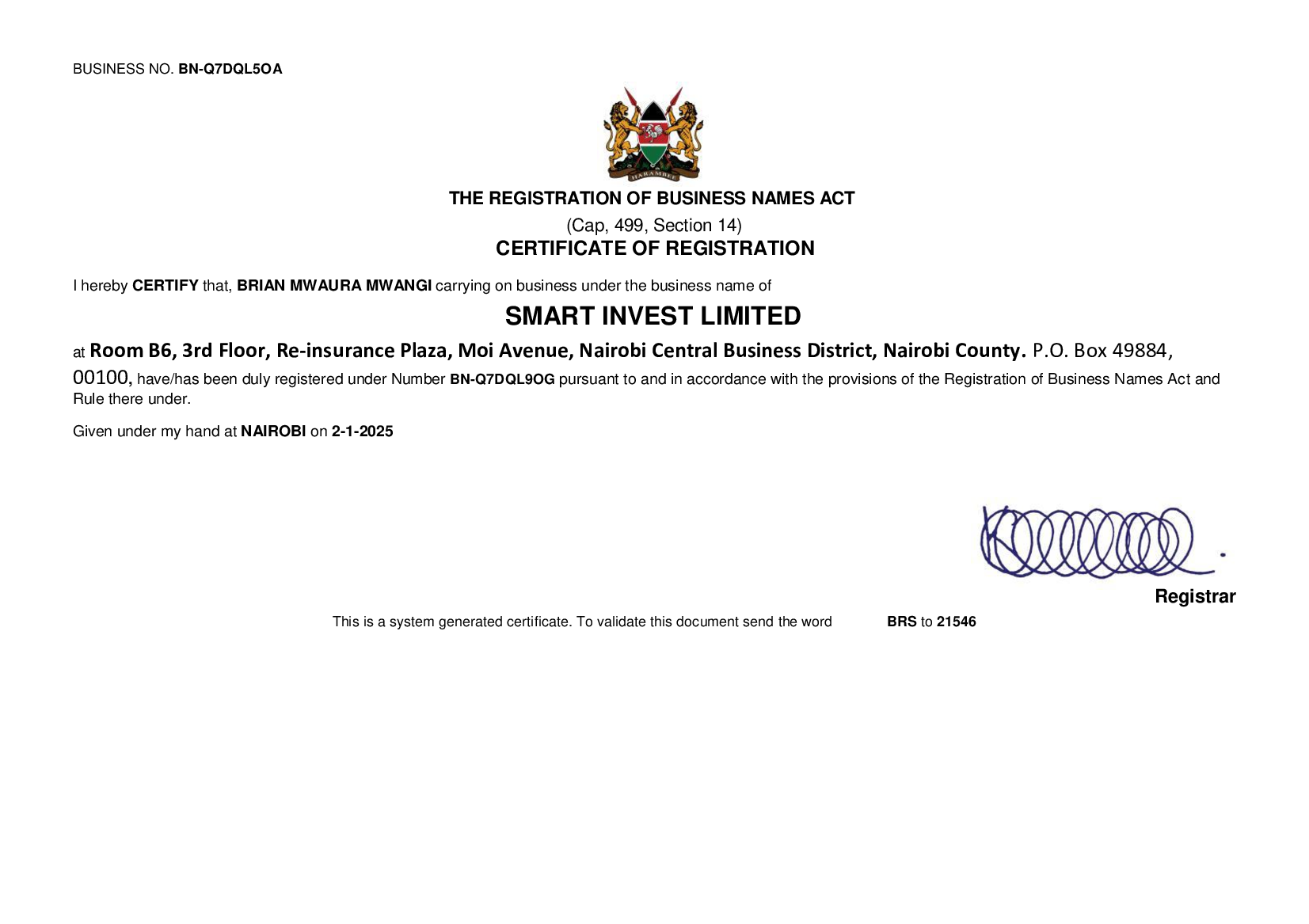 Business Certificate